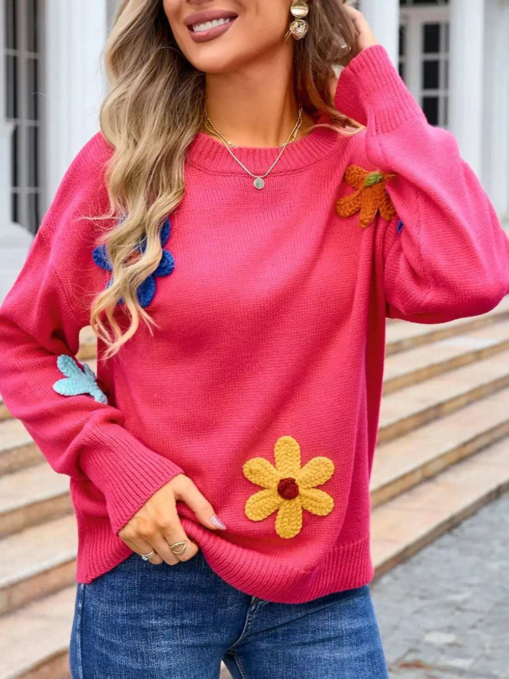 Crochet Flower Round Neck Sweater - Trendsi - Flyclothing LLC