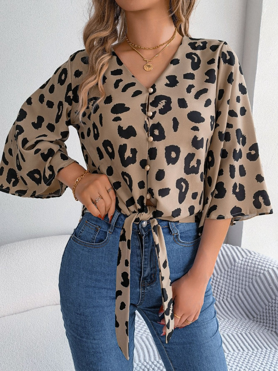 Tied Button Up Leopard V-Neck Blouse Trendsi