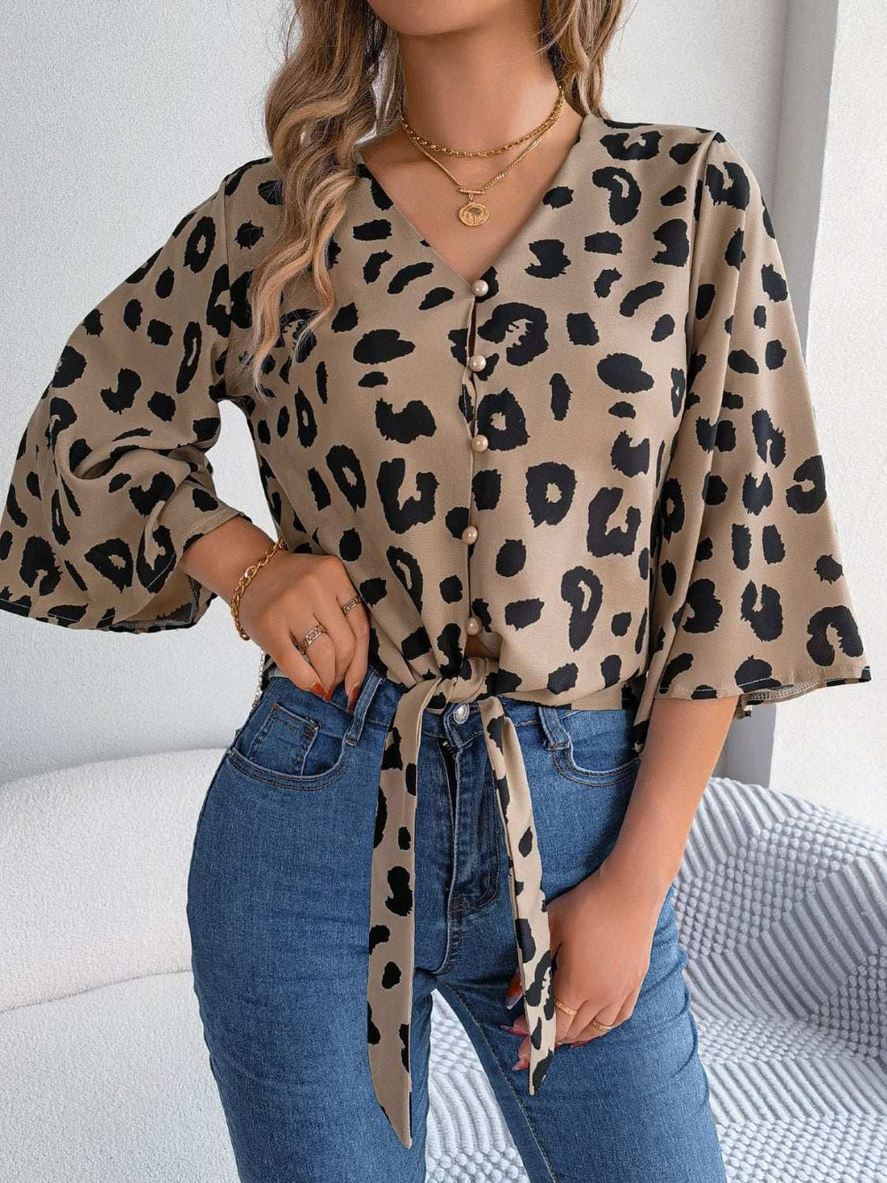 Tied Button Up Leopard V-Neck Blouse - Trendsi - Flyclothing LLC