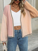 Contrast Open Front Long Sleeve Cardigan - Trendsi - Flyclothing LLC