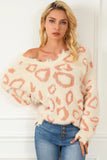 Distressed Trim Leopard V-Neck Sweater - Trendsi