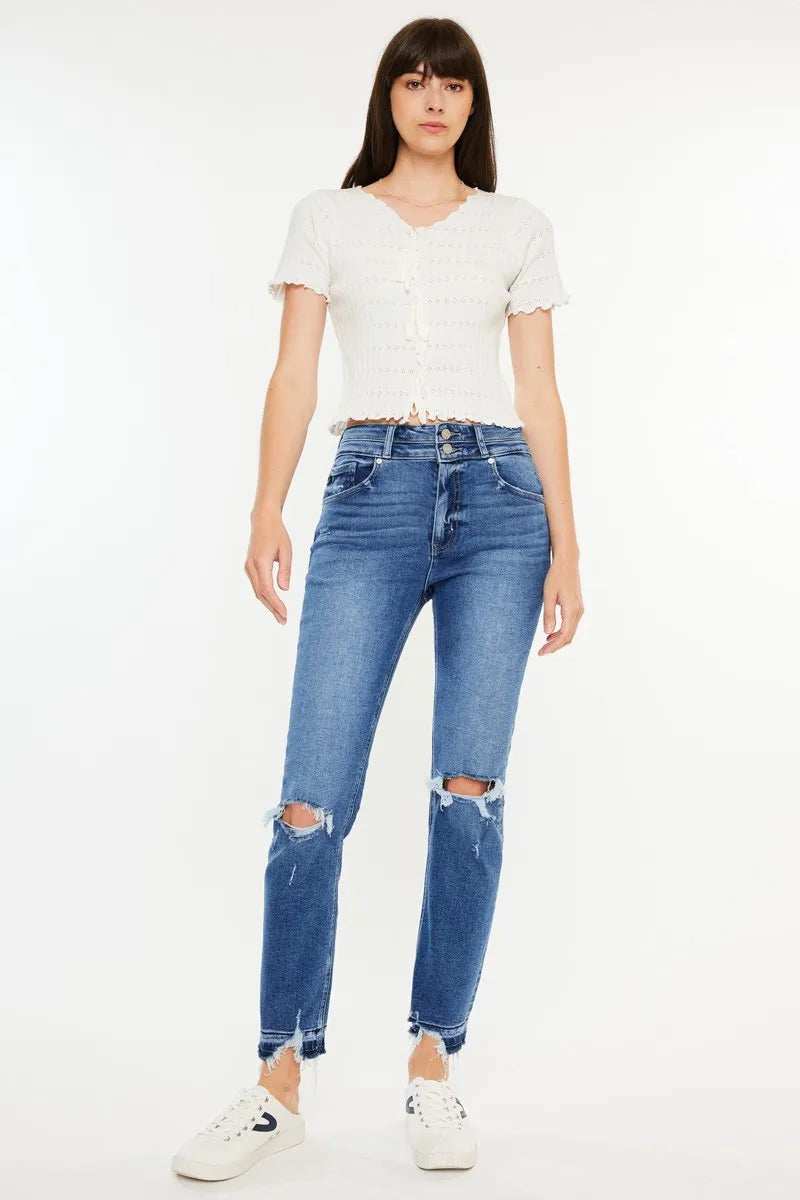 Kancan High Rise Distressed Slim Straight Jeans - Trendsi - Flyclothing LLC