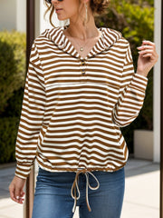 Drawstring Striped Long Sleeve Hoodie - Trendsi