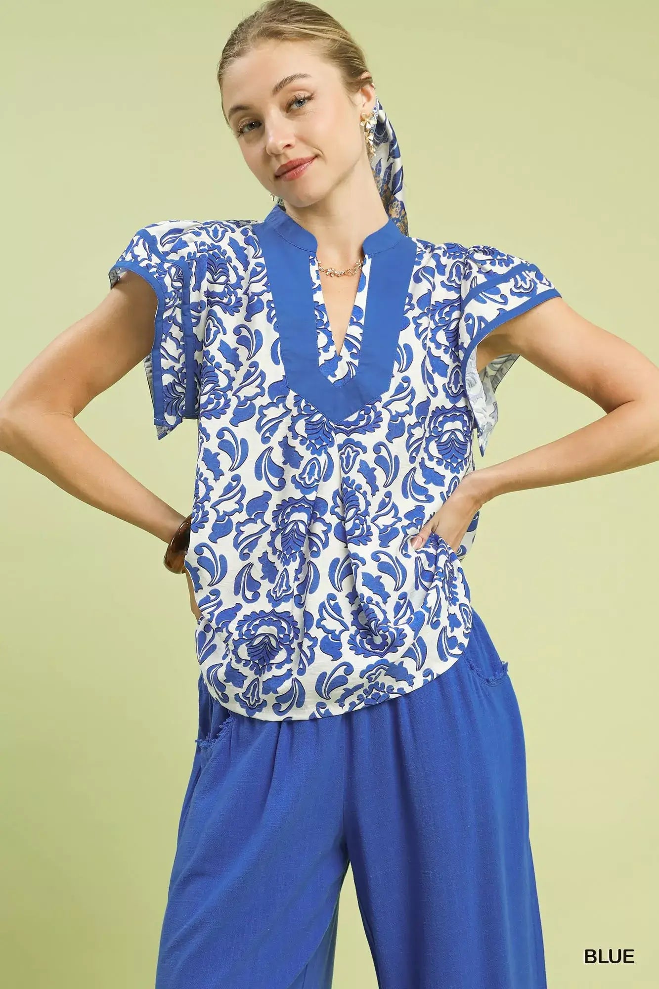 Umgee Abstract Print Short Sleeve Blouse - Trendsi - Flyclothing LLC
