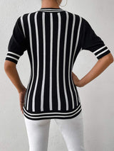 Striped Round Neck Half Sleeve Knit Top - Trendsi - Flyclothing LLC