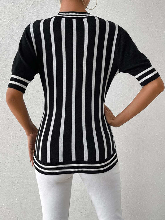 Striped Round Neck Half Sleeve Knit Top - Trendsi - Flyclothing LLC