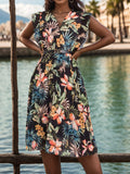 Ruffled Printed Surplice Cap Sleeve Dress - Trendsi
