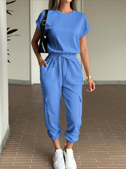 Round Neck Short Sleeve Top and Pants Set - Trendsi - Flyclothing LLC
