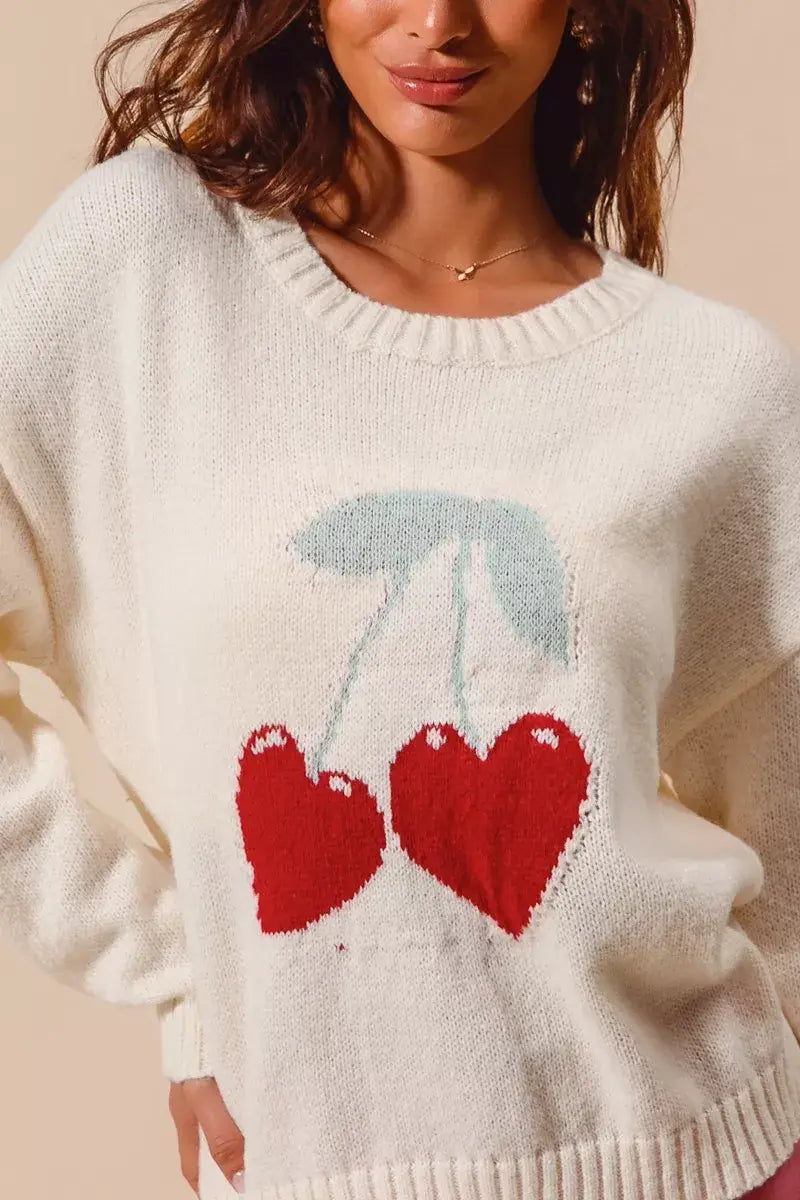 SO ME Heart Cherry Knitted Valentine Sweater Top - Trendsi - Flyclothing LLC