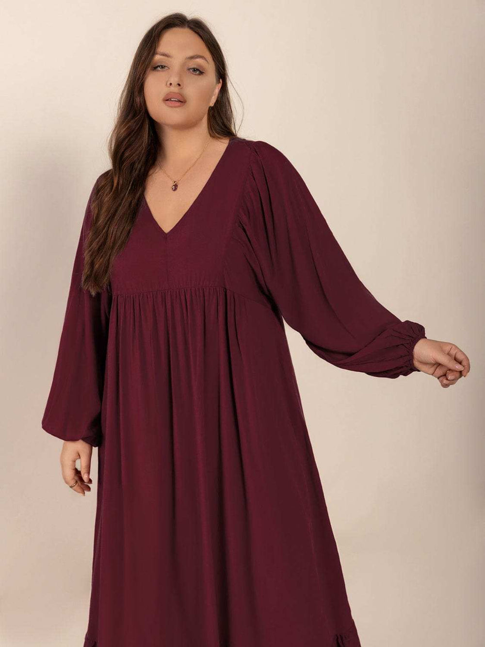 Plus Size Ruffled Hem V-Neck Balloon Sleeve Dress - Trendsi - Flyclothing LLC