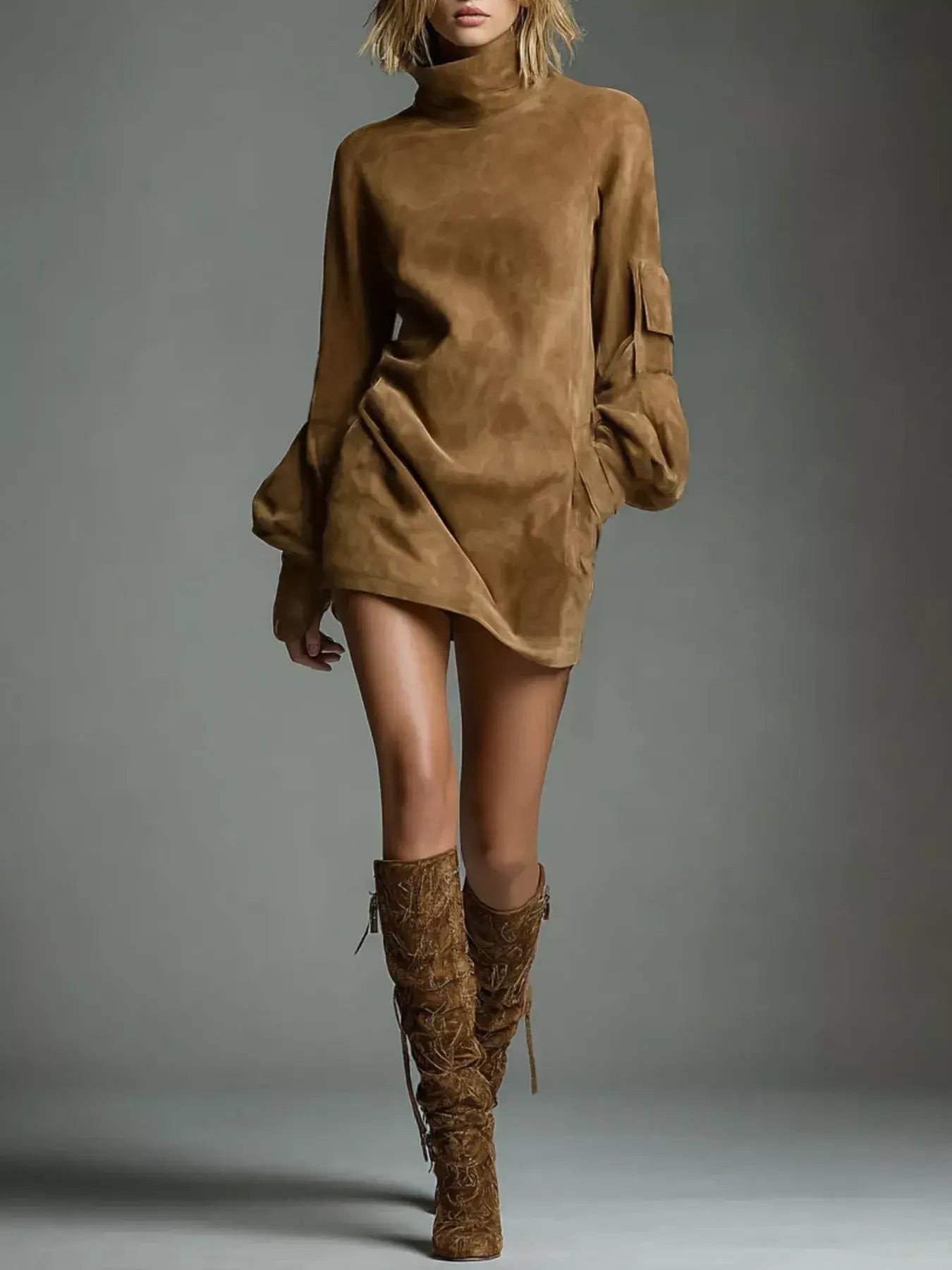 Full Size Suede Turtleneck Lantern Sleeve Mini Dress Plus Size - Trendsi - Flyclothing LLC