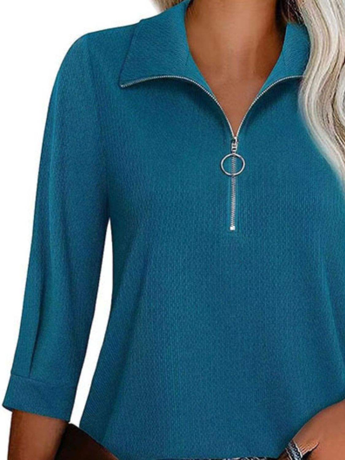 Half Zip Collared Neck Three-Quarter Sleeve T-Shirt - Trendsi - Flyclothing LLC