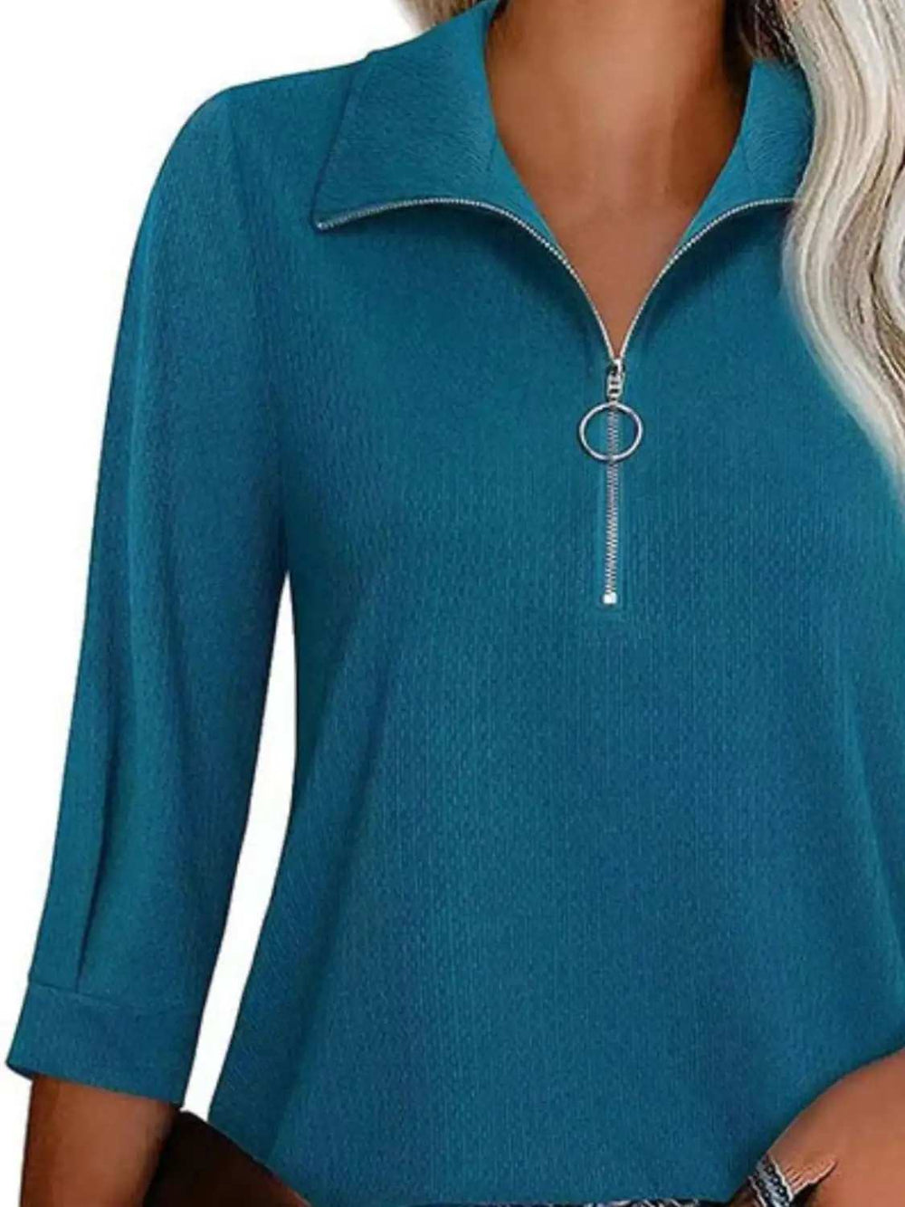 Half Zip Collared Neck Three-Quarter Sleeve T-Shirt - Trendsi - Flyclothing LLC