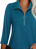 Half Zip Collared Neck Three-Quarter Sleeve T-Shirt - Trendsi - Flyclothing LLC