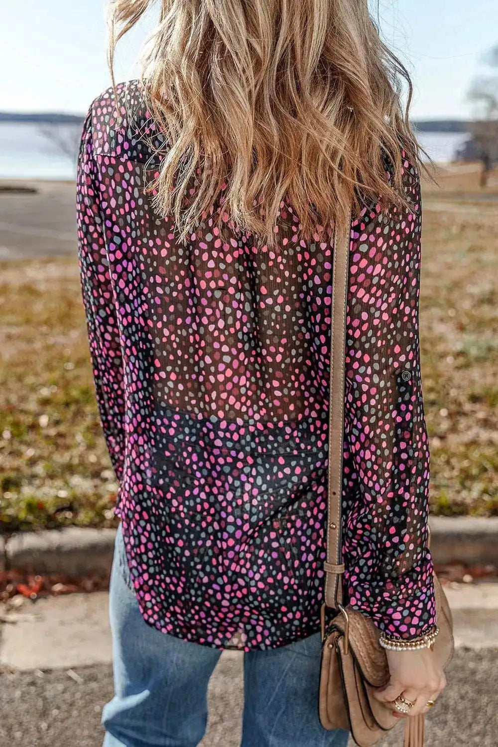 Printed Notched Long Sleeve Blouse - Trendsi - Flyclothing LLC