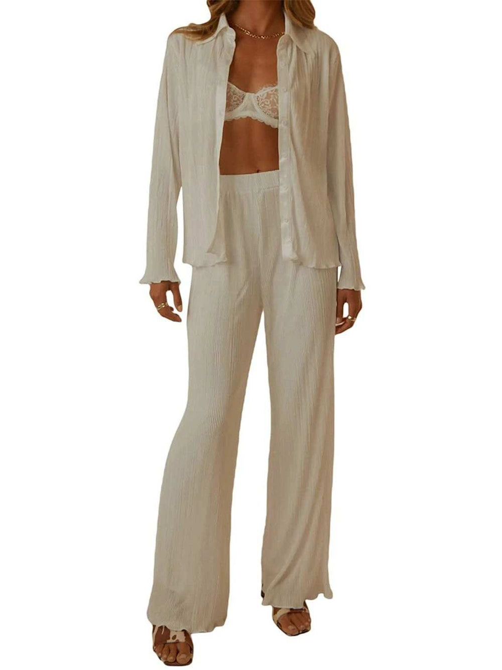 Collared Neck Long Sleeve Top and Pants Lounge Set - Trendsi - Flyclothing LLC