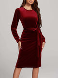 Round Neck Tie Waist Long Sleeve Velvet Dress - Trendsi - Flyclothing LLC