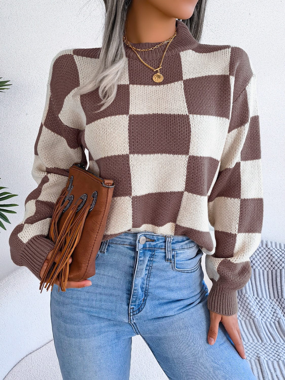 Checkered Mock Neck Long Sleeve Sweater - Trendsi