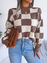 Checkered Mock Neck Long Sleeve Sweater - Trendsi - Flyclothing LLC