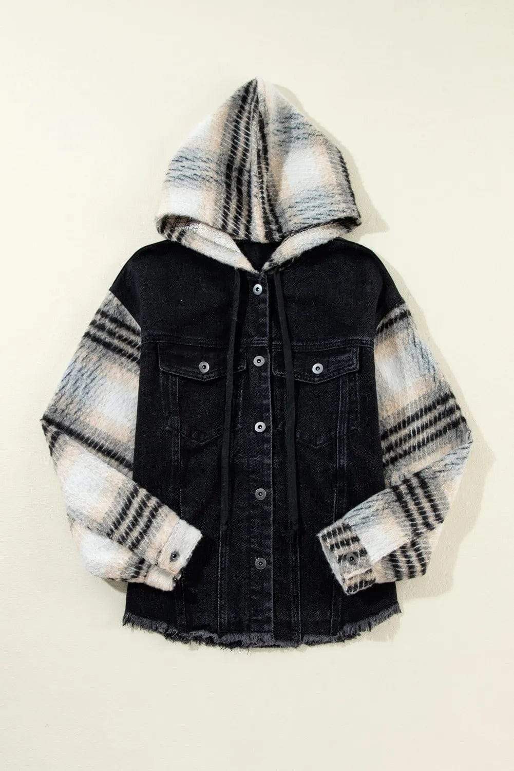 Drawstring Raw Hem Button Up Hooded Denim Jacket - Trendsi - Flyclothing LLC