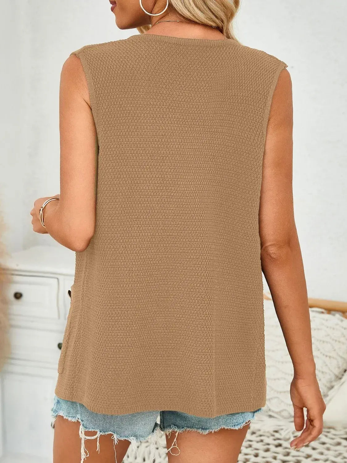 Button Down Round Neck Knit Vest - Trendsi - Flyclothing LLC