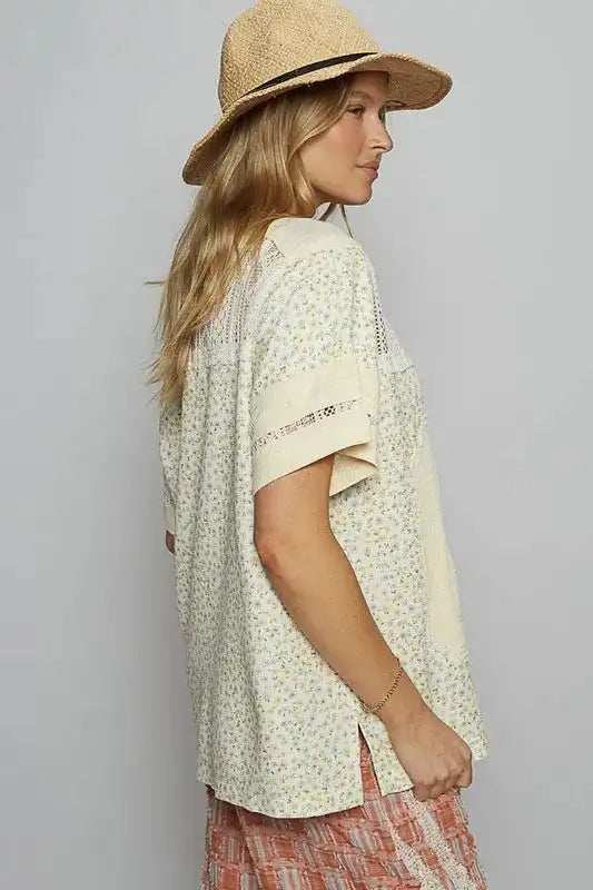 POL Number Floral Crochet Button Detail Half Sleeve Top - Trendsi - Flyclothing LLC