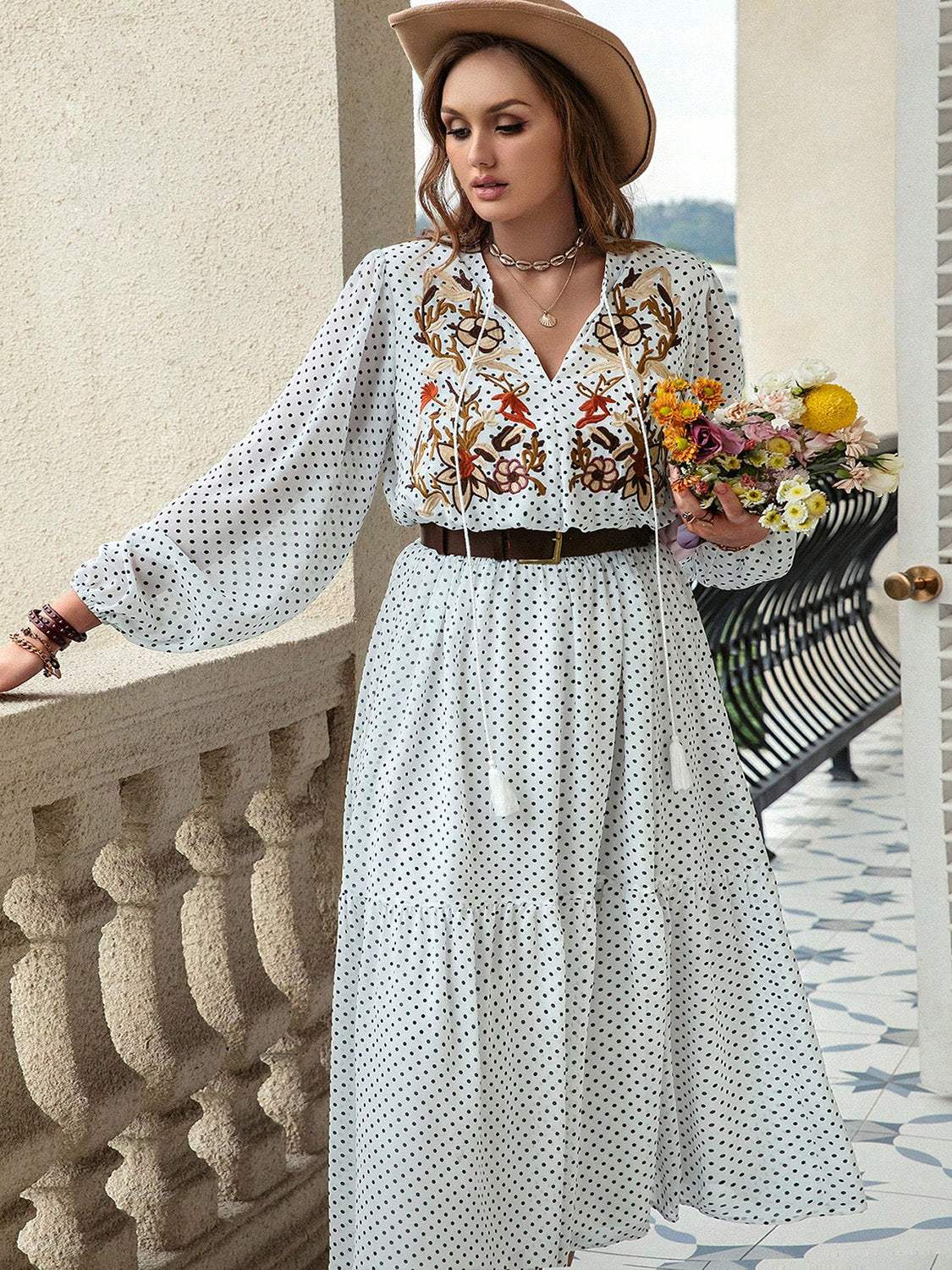 Plus Size Printed Tie Neck Long Sleeve Midi Dress - Trendsi - Flyclothing LLC