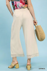 Umgee Linen Wide Leg Cropped Pants with Lace Trim - Trendsi - Flyclothing LLC