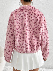 Leopard Zip Up Long Sleeve Furry Jacket - Trendsi