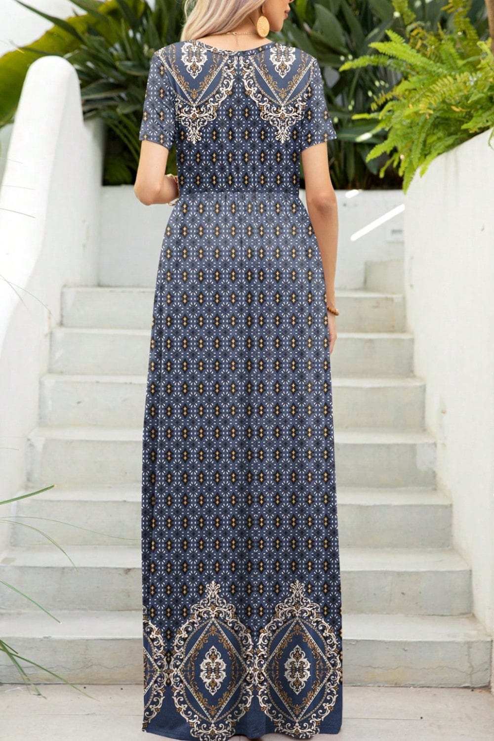 Printed Round Neck Short Sleeve Maxi Dress - Trendsi - Flyclothing LLC