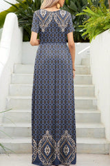 Printed Round Neck Short Sleeve Maxi Dress - Trendsi
