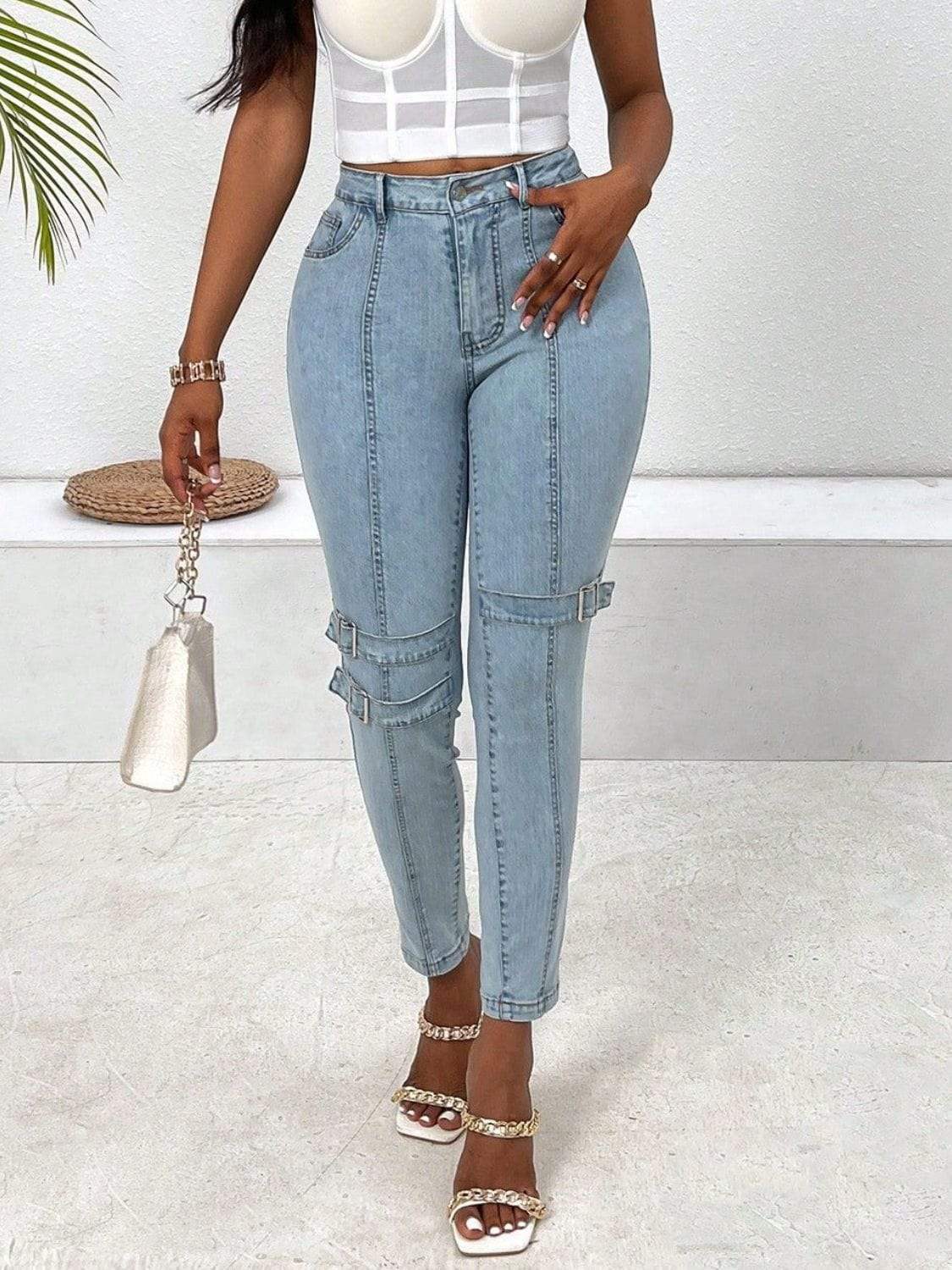 Decorative Buckle Skinny Jeans with Pockets - Trendsi - Flyclothing LLC