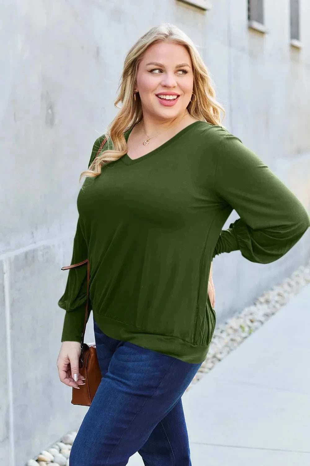 Basic Bae Full Size V-Neck Lantern Sleeve Top - Trendsi - Flyclothing LLC