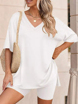 Full Size Casual Loose V-Neck T-Shirt & Shorts Set Plus Size - Trendsi - Flyclothing LLC