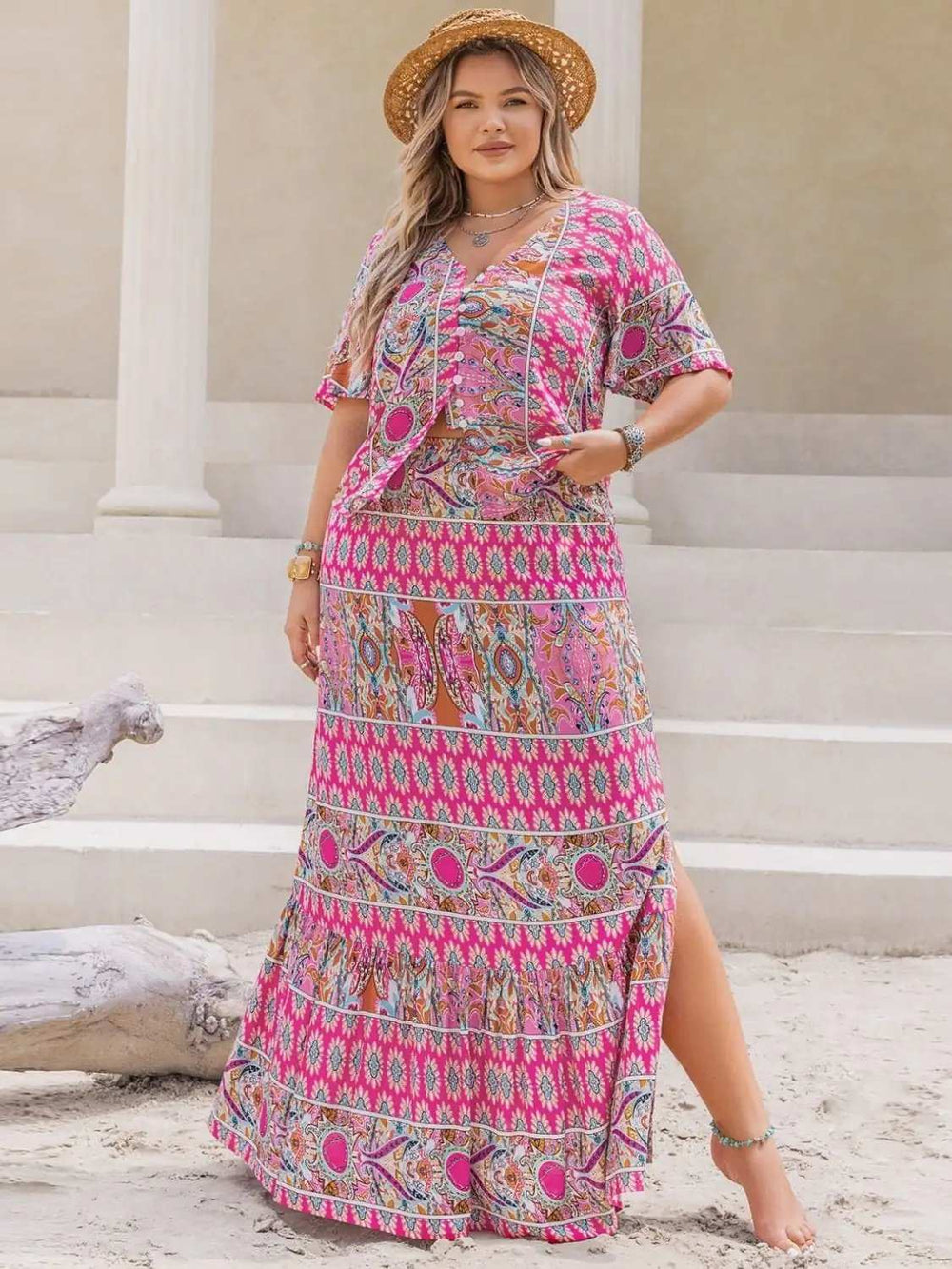 Plus Size Printed V-Neck Half Sleeve Top and Skirt Set - Trendsi - Flyclothing LLC