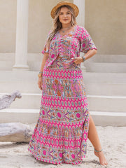 Plus Size Printed V-Neck Half Sleeve Top and Skirt Set - Trendsi