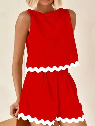 Contrast Trim Round Neck Tank and Shorts Set - Trendsi - Flyclothing LLC