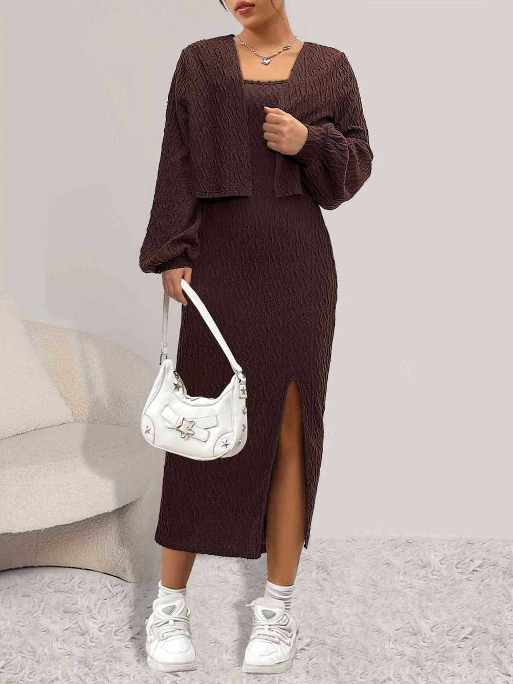 Open Front Long Sleeve Cardigan and Side Slit Cami Dress Set - Trendsi