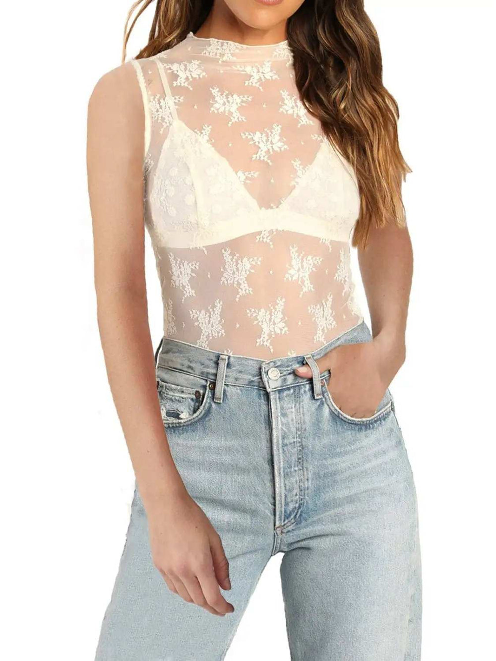 Lace Mock Neck Top - Trendsi - Flyclothing LLC
