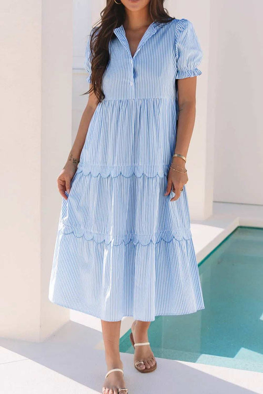 Stripe Bubble Short Sleeve Tiered Scallop Midi Dress - Trendsi - Flyclothing LLC