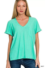 Zenana Slub Rolled Short Sleeve V-Neck Tee - Trendsi - Flyclothing LLC
