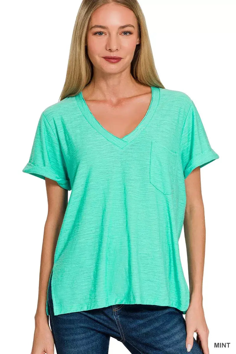 Zenana Slub Rolled Short Sleeve V-Neck Tee - Trendsi - Flyclothing LLC