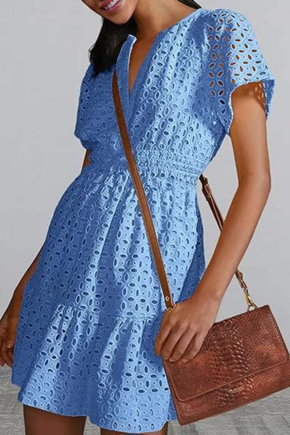 Eyelet Notched Short Sleeve Mini Dress - Trendsi - Flyclothing LLC