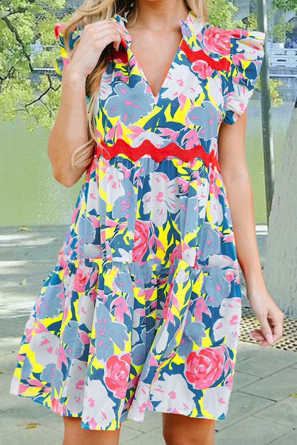 Ruffled Printed Cap Sleeve Mini Dress - Trendsi - Flyclothing LLC