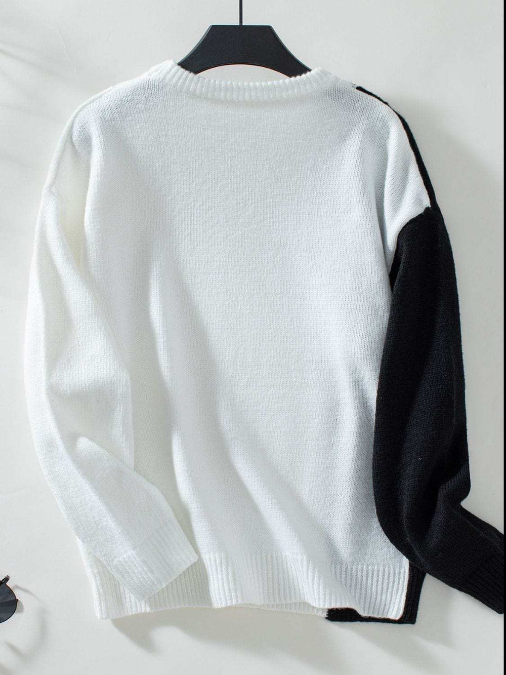 Two Tone Cable Knit Round Neck Long Sleeve Sweater - Trendsi - Flyclothing LLC