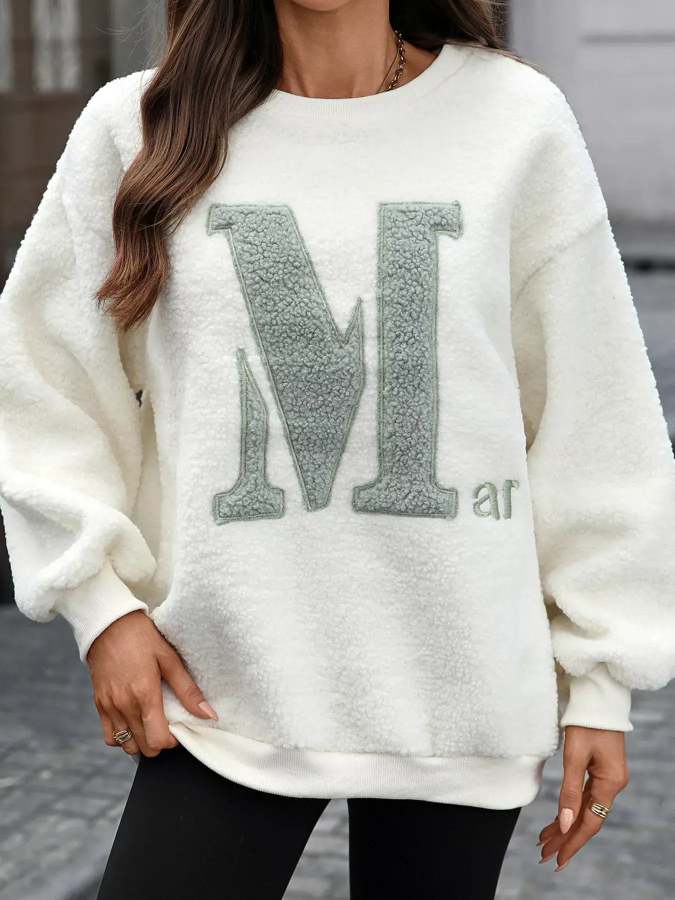 Letter Round Neck Fleece Sweatshirt - Trendsi - Flyclothing LLC