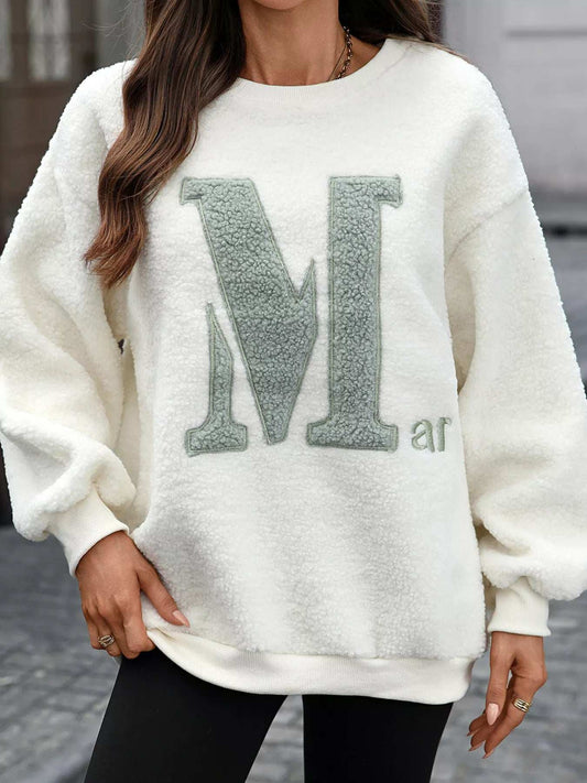 Letter Round Neck Fleece Sweatshirt - Trendsi - Flyclothing LLC