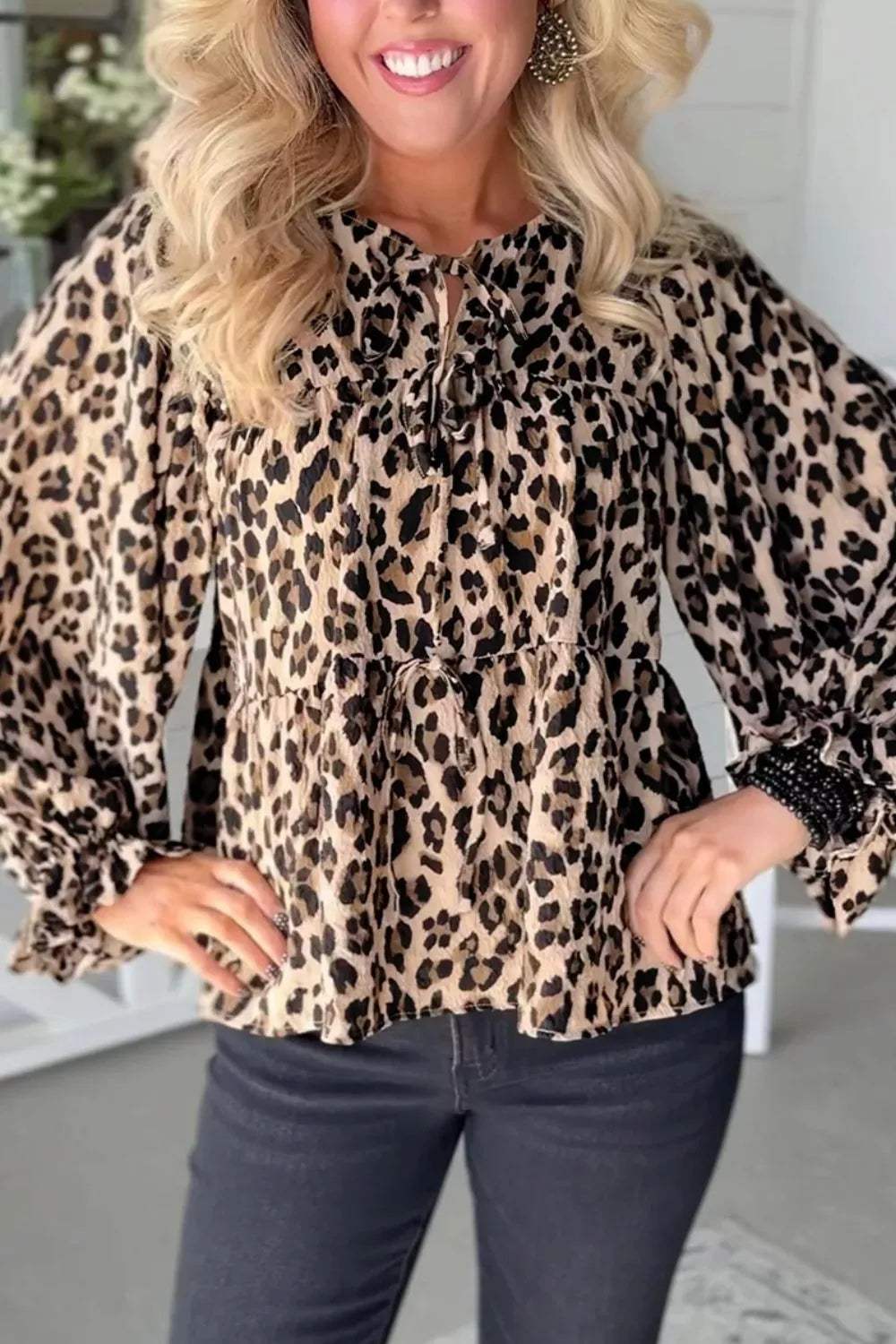 Leopard Print Tie-Neck Blouse - Trendsi - Flyclothing LLC