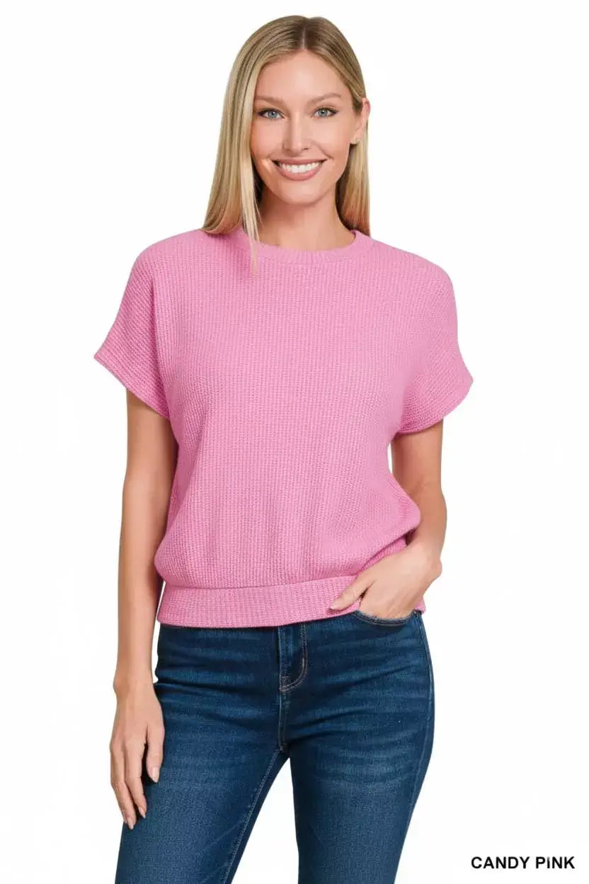Zenana Round Neck Banded Botton Short Sleeve Sweater - Trendsi - Flyclothing LLC
