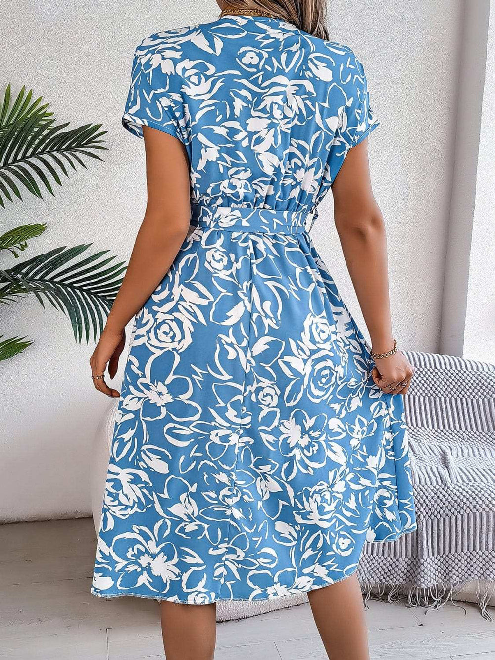 Printed V-Neck Short Sleeve Dress - Trendsi - Flyclothing LLC
